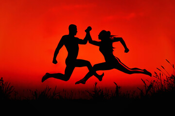 Gender conflict between a man and a woman. Silhouettes of a sports couple