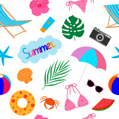 Seamless pattern summer sea beach palm trees swimsuit sunglasses cream shells starfish crab umbrella vector illustration