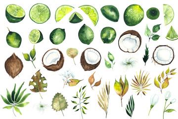 Watercolor hand painted coconuts and limes, tropical flowers, palm leaves, branches and twigs.