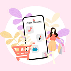 Cute vector flat design girl shopping online with smartphone technology like a new normal, make social distancing, can buy everything via online purchasing store , shop online blue concept.