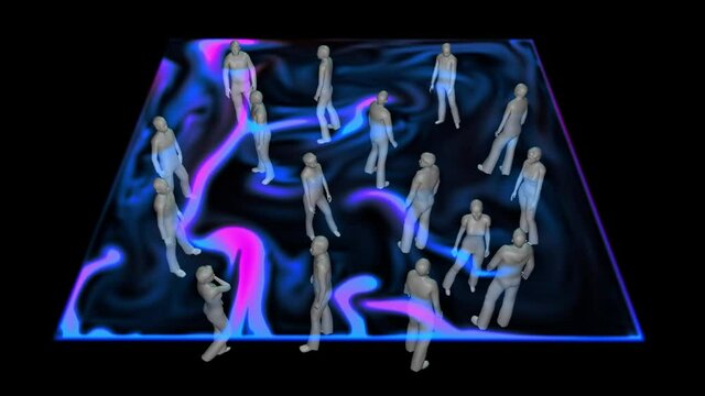 Air Flow Around People In Confined Space. 
Air Currents Flowing Around Bodies Of Men , Women In Closed Room. 3d Rendering Animation Simulation. 
Descending Camera View. 