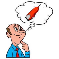 Thinking about Electric Hair Clippers - A cartoon illustration of a man thinking about Electric Hair Clippers.