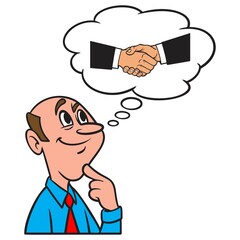 Thinking about a Handshake - A cartoon illustration of a man thinking about a Handshake.