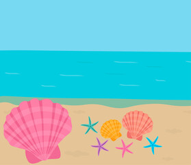 Greeting card landscape sea sky sand starfish shell vector illustration