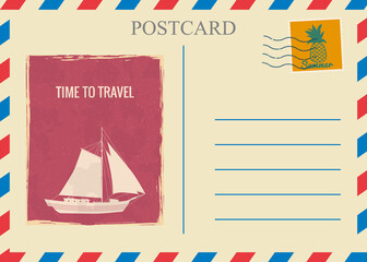 Postacrd summer vintage Sailboat ocean. Vacation travel design card with postage stamp
