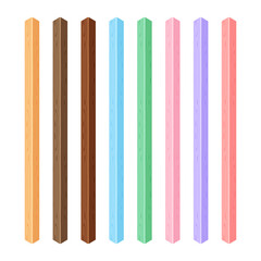 wood square lath different pastel soft color isolated on white background, wooden slat poles pastel color, lath wood vertical, wood slat posts, collection wood slats plank, lumber wooden pastel