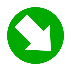 arrow pointing right down white in circle green for icon flat isolated on white, circle with down arrow for button interface app, arrow sign of next or download upload, arrow simple for direction