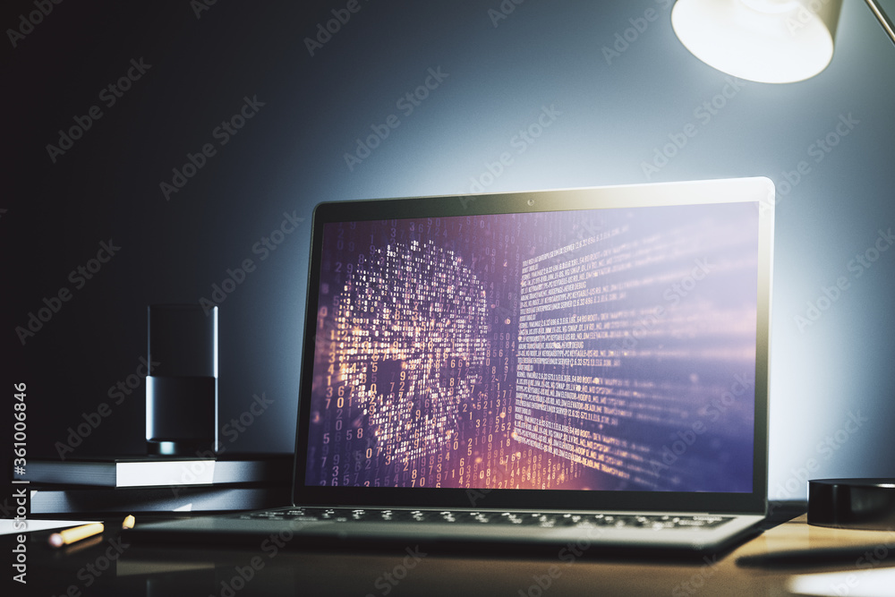 Poster Creative code skull sketch on modern laptop monitor, theft of personal data and malware concept. 3D Rendering