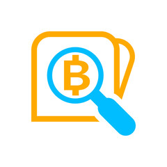 magnifying glass with currency money search icon isolated on white, find button THB coin flat simple with magnifying glass, research icon blue on orange wallet, thai token money baht in search symbol