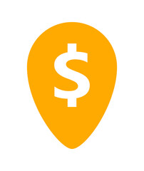 dollar currency symbol in pin point for icon, coin dollar money yellow orange, dollar money symbol in pointer pin shape, dollar currency coin for button info graphics flat simple, isolated on white