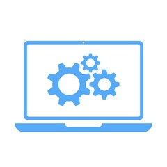 Blue laptop icon. Gear symbol on notebook screen. Display with settings sign