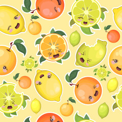 Seamless vector pattern with colorful cute orange, lemon and lime characters isolated on light background. Fruits concept design for print, fabric, wallpaper, card