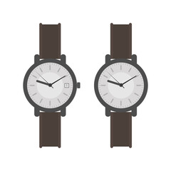 Wristwatch with a white dial and a brown strap. Wristwatch in a flat style. Isolated. Vector.