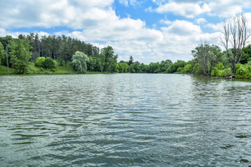 Forest lake surrounded by coniferous and deciduous trees on the banks on a sunny spring-summer day....