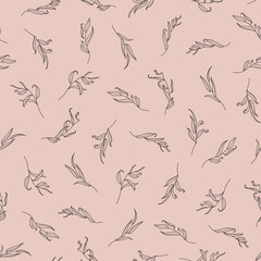 Willow Branch with Leaves Seamless Pattern in a Trendy Minimal Style. Floral Vector Ornament Background.