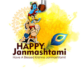 illustration of Lord Krishna playing dahi handi in Happy Janmashtami festival background of India with hindi text meaning 'shree krishna janmashtami'