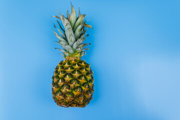 One whole pineapple on blue background. Top view