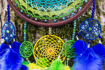 Handmade dream catcher with feathers threads and beads rope hanging