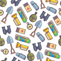 Exploration and traveling objects, map and compass seamless pattern