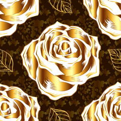 Seamless pattern with big white, golden roses, classic background for your design.