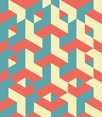 Seamless geometrical block construction with 3d square lines intermingling in teal, orange and yellow warm vintage retro colours. Abstract endless repeating background.