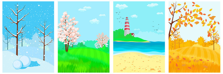 Banners summer, spring, autumn, winter. 12 Months of the Year. Weather year information set. Seasons banners. Landscapes, trees, sea fields hils lighthouse