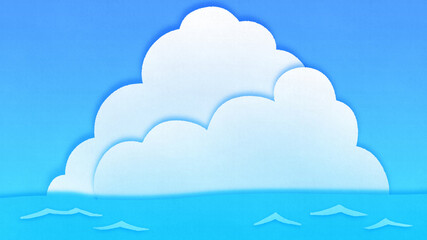 Fototapeta na wymiar 立体的なかわいい入道雲と夏の海のイラスト　海水浴　ペーパーカットの背景装飾　色画用紙