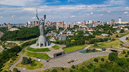 Aerial drone view of Kyiv city hills and parks from above, Kiev cityscape and skyline in spring,...