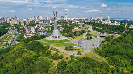 Aerial drone view of Kyiv city hills and parks from above, Kiev cityscape and skyline in spring, Ukraine
