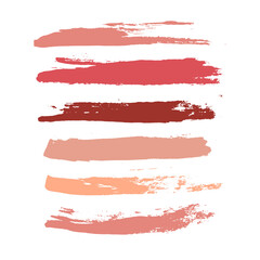 Makeup strokes, Set of lipstick swatches, Beauty and cosmetic nude, pink and red brush smudges vector background. smear make up lines collection, liquid make up texture isolated on white.