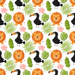 Lions, toucans and palm leaves seamless pattern. Jungle animals with tropical plants print.