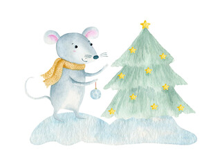 Cute cartoon christmas rat mouse. Watercolor hand drawn animal illustration. Isolated on white background.