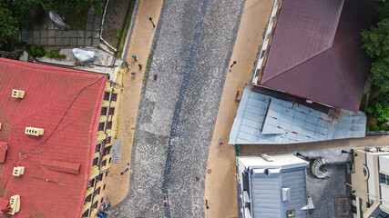 Obraz premium Aerial top view of Kyiv cityscape, Podol historical district skyline from above, city of Kiev, Ukraine 