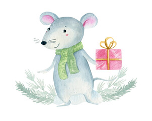 Cute cartoon christmas rat mouse. Watercolor hand drawn animal illustration. Isolated on white background.
