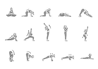 yoga pose for relief back pain, back stretching exercise icon set