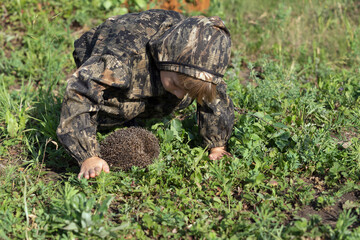 preschool boy found hedgehog in forest and looks at it with interest.