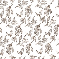 Flower foliage print, floral leaves monochrome seamless pattern