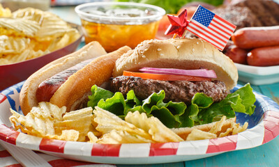 4th of july meal with hamburger and hot dog