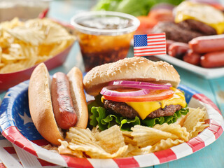 4th of july themed burger and hot dog meal on paper plate