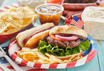 4th of july meal with hamburger and hot dog