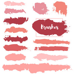 Makeup strokes, Set of lipstick swatches, Beauty and cosmetic nude, pink and red brush smudges vector background. smear make up lines collection, liquid make up texture isolated on white.