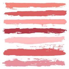 Makeup strokes, Set of lipstick swatches, Beauty and cosmetic nude, pink and red brush smudges vector background. smear make up lines collection, liquid make up texture isolated on white.