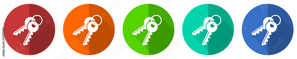 Poster keys icon set, red, blue, green and orange flat design web buttons isolated on white background, vec