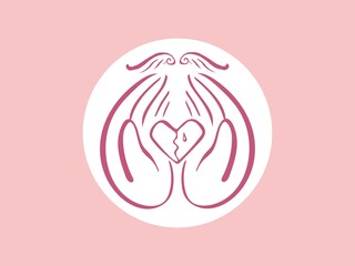 Angel, heart, mental care, Wrap the heart with both hands,logo,icon,line drawing, vector