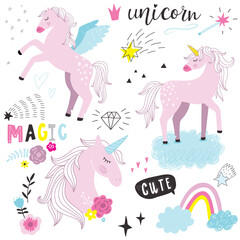 Print cute hand drawn doodle girl unicorns 