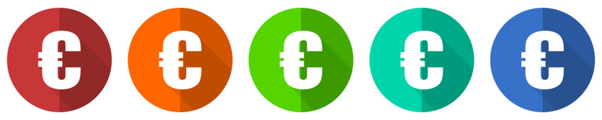 Obraz premium Euro icon set, red, blue, green and orange flat design web buttons isolated on white background, vector illustration