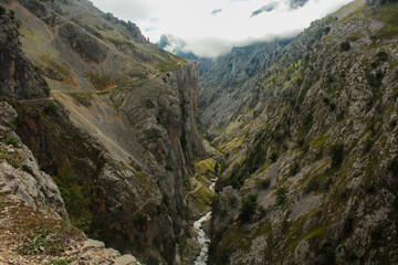Fototapeta premium Ruta del cares, montaña con niebla / The Cares Route, mountain with fog (Asturias)