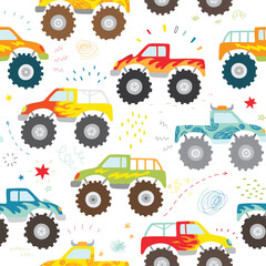 hand drawn kids doodle monster truck seamless pattern © artnLera