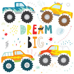 hand drawn doodle kids monster truck set © artnLera