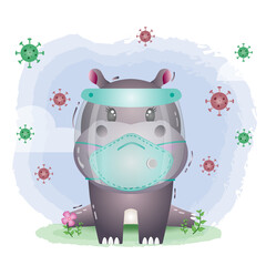 cute hippo using face shield and mask.  Covid-19,  coronavirus vector illustration